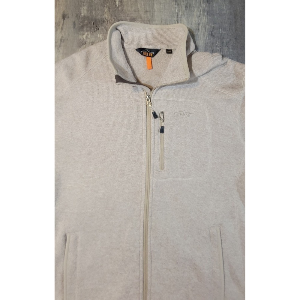 Orvis Trout Bum Mens Large Beige Full Zip Long Sleeve‎ Polyester Fleece Jacket